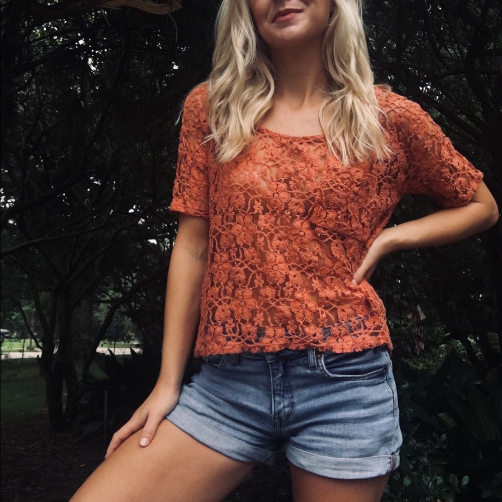 “Coveted Clothing” Burnt Red Orange Lace Tee
